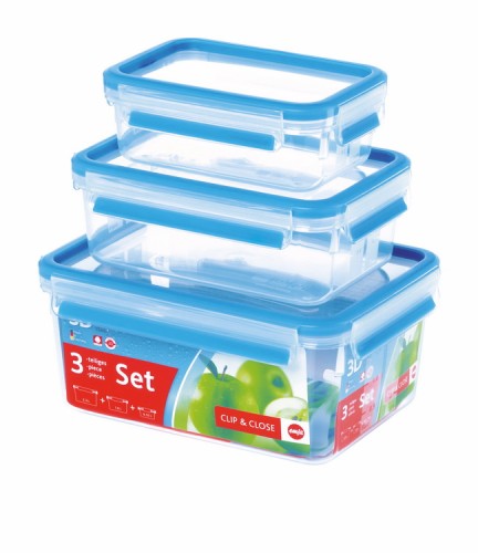 Emsa CLIP & CLOSE 3-teiliges Vorratsdosen-Set, Größen: 0,55 Liter, 1 Liter, 2,3 Liter, Farbe: blau, spülmaschinenfest