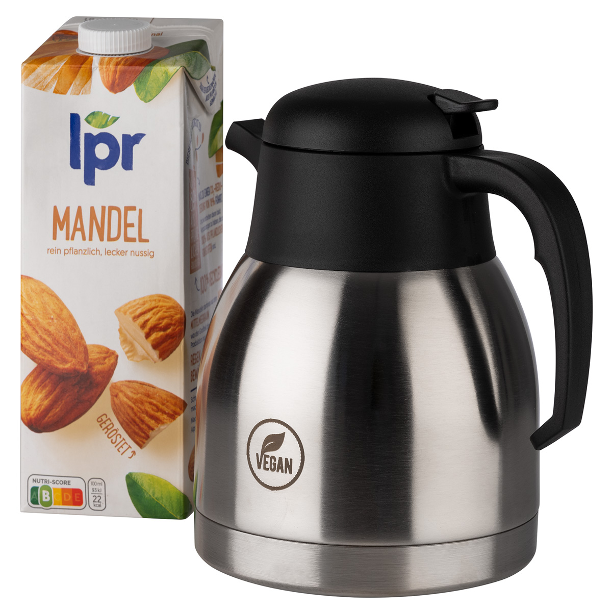 Isolierkanne -CLASSIC-, Ø 14 cm, H: 19 cm, 1 Liter, Edelstahl, Polypropylen, doppelwandig, Einhandautomatik, für 8 Tassen, Gravur: VEGAN