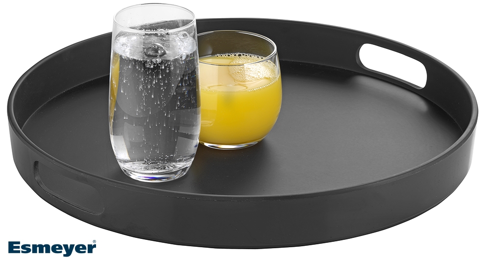 Profi-Tablett GRIP aus schwarzem MELAMIN mit Griffen und rutschfester Beschichtung, rund, 35,5 cm Durchmesser, 4,5 cm hoch.