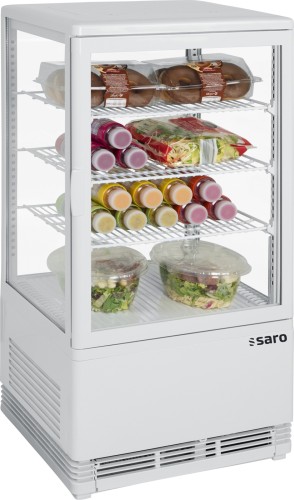 SARO Mini-Umluftkühlvitrine Modell SC 70 weiß - Material: (Gehäuse) Kunststoff, weiß - 4-seitig doppelverglast - 3 höhenverstellbare Roste,