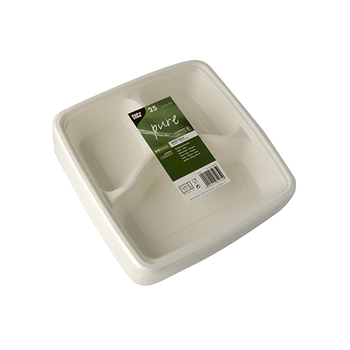 25 Menü-Trays, Zuckerrohr "pure" 3-geteilt 4,5 cm x 23 cm x 23 cm weiss von PAPSTAR