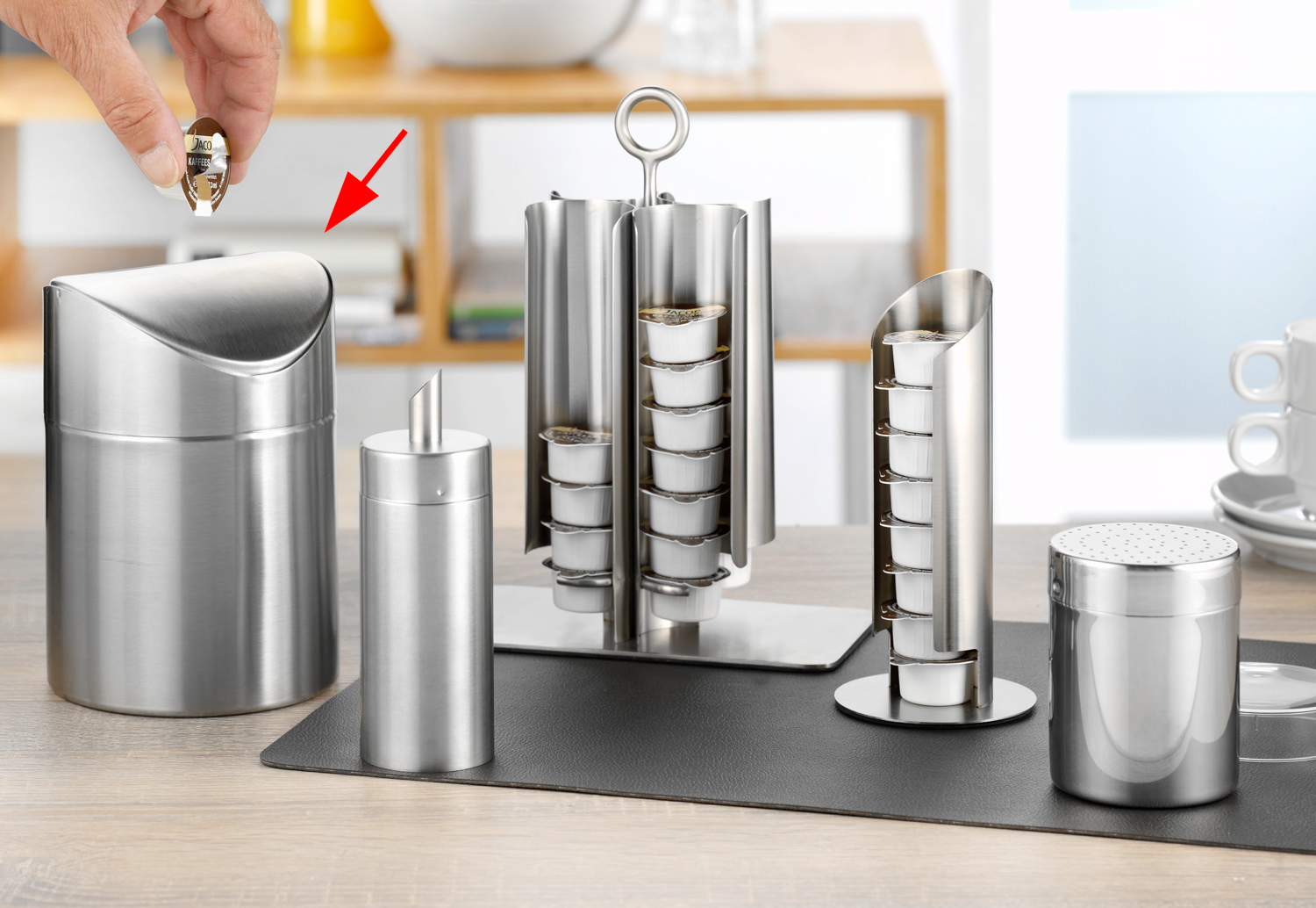 Tischabfallbehälter SWING mit Schwingdeckel, Material: Edelstahl 18/10, matt und gebürstet, Höhe: 165 mm, Durchmesser: 120 mm,