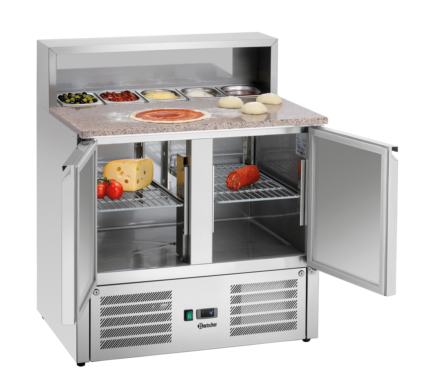 Bartscher Pizza-Saladette 900T2 | TiefeGN-Behälter max.: 150 mm | Maße: 90 x 70 x 117,5cm. Gewicht: 91 kg