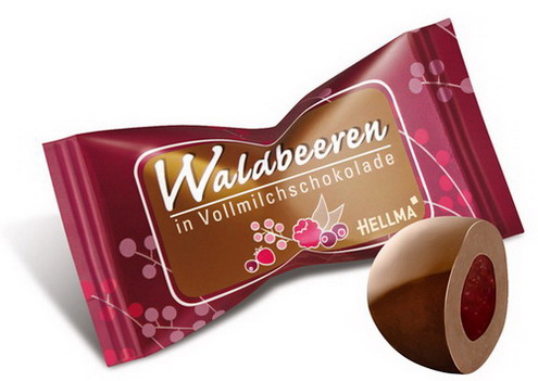WALDBEEREN IN VOLLMILCHSCHOKOLADE von Hellma, Inhalt: 380 Stück à 1,53 g je Karton, Waldbeergelee in Vollmilchschokolade.