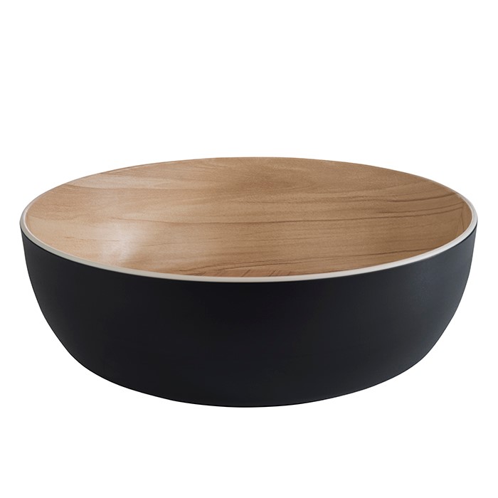Schale -FRIDA- Ø 30 cm, H: 9,5 cm Melamin innen: Holzoptik außen: schwarz 4,7 Liter spülmaschinengeeignet stapelbar nicht