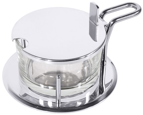Parmesanmenage aus Edelstahl 18/10, hochglänzend, mit schwerem Glaseinsatz, Deckel mit Löffelausschnitt Volumen: 0,2 l, Durchmesser: