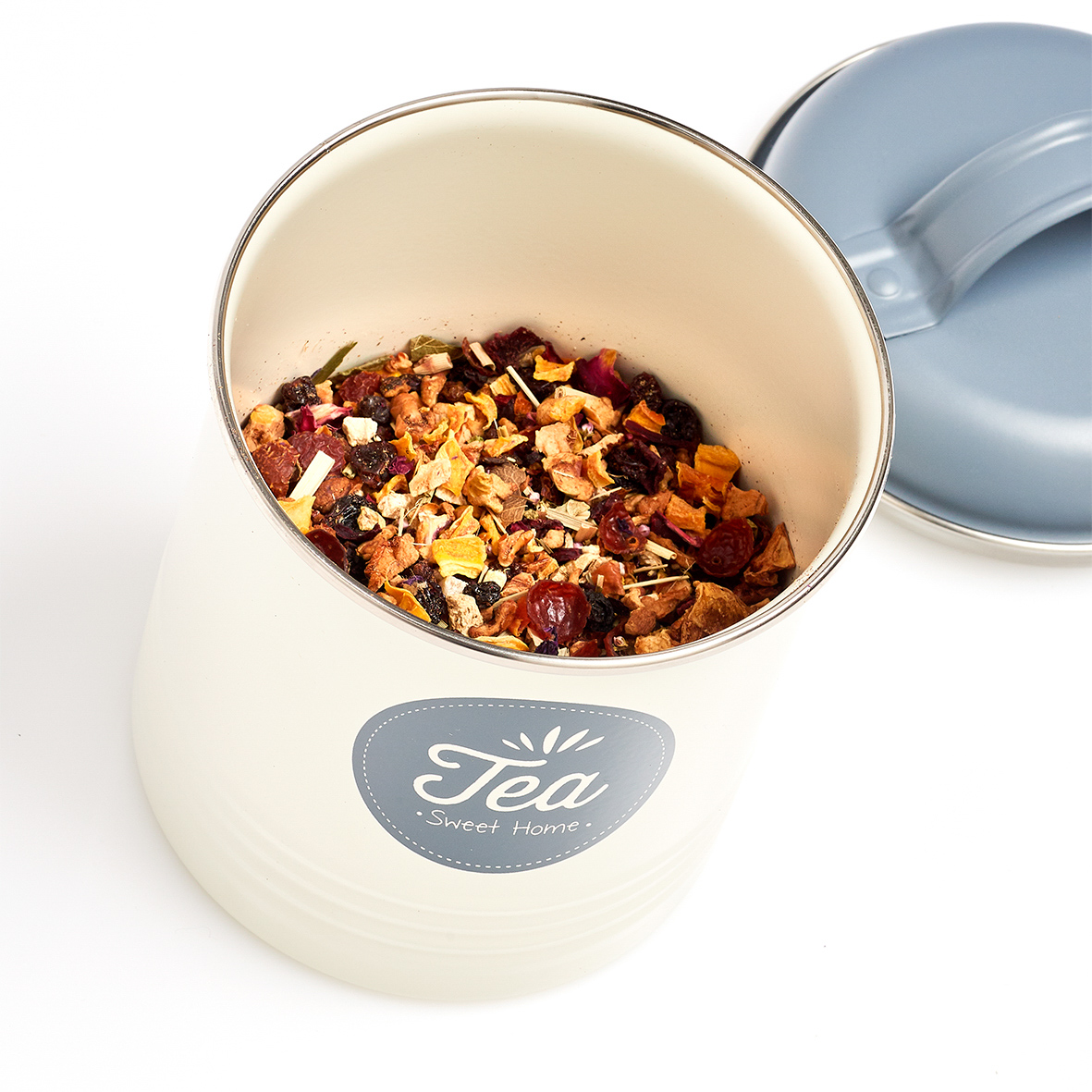 Vorratsdose, Metall, Ø11,3x16,5 cm. Farbe: creme/anthrazit. Fassungsvermögen: 780 ml. Diese Vorratsdose für Tee lässt schöne Erinnerungen aus