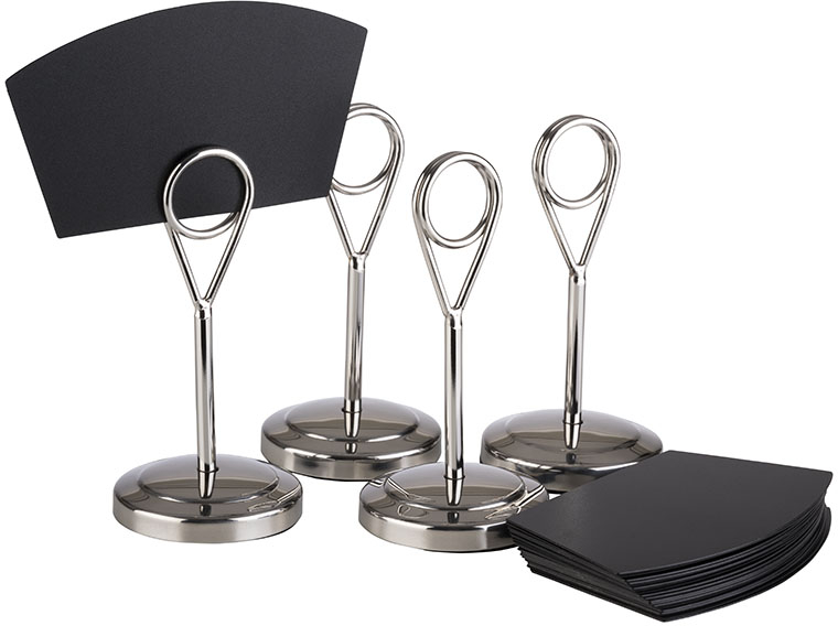 Kartenhalter, 4er Set Ø 5 cm, H: 10,5 cm Edelstahl, hochglanzpoliert inklusive 20 schwarzen Beschriftungskarten aus