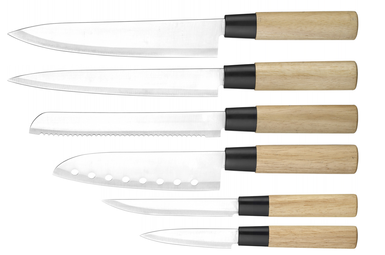 6-teiliges Messerset ASTRAEA im asiatischen Stil. Klingen aus Edelstahl. Enhält je ein Koch-, Brot- Santokou-, Filetier-, Universal- und Schälmesser