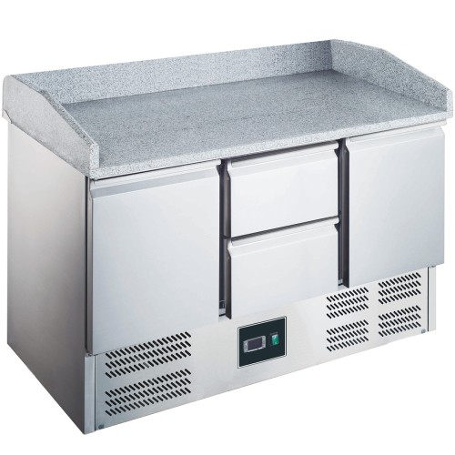 SARO Pizzatisch Modell ES 903 PZ 2/2 - Material: (Gehäuse und Innenraum) Edelstahl; (Arbeitsplatte mit Aufkantung) Granit - 2 Türen + 2