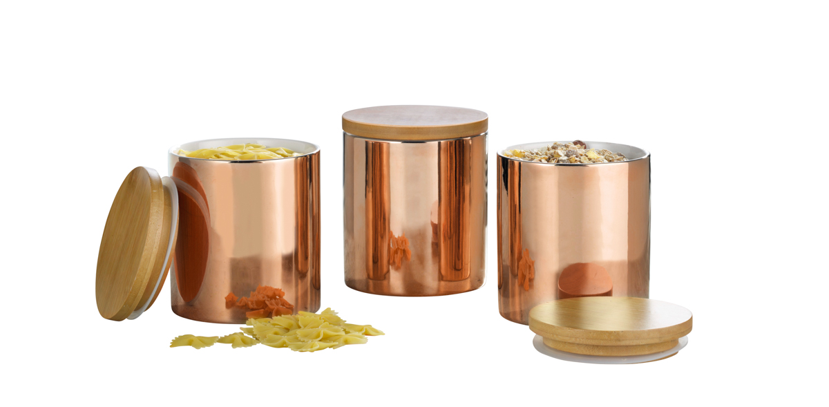 3-teiliges Vorratsdosen-Set GRENOBLE, Höhe 12,8 cm aus Porzellan, Farbe: Kupfer (innen weiß). mit Bambusdeckel inkl. Silikondichtung.