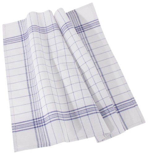 Geschirrtuch aus reiner Baumwolle, Gewicht 210 GSM (g/m), weiß mit blauen Linien, robust, fusselarm, schnell trocknend und