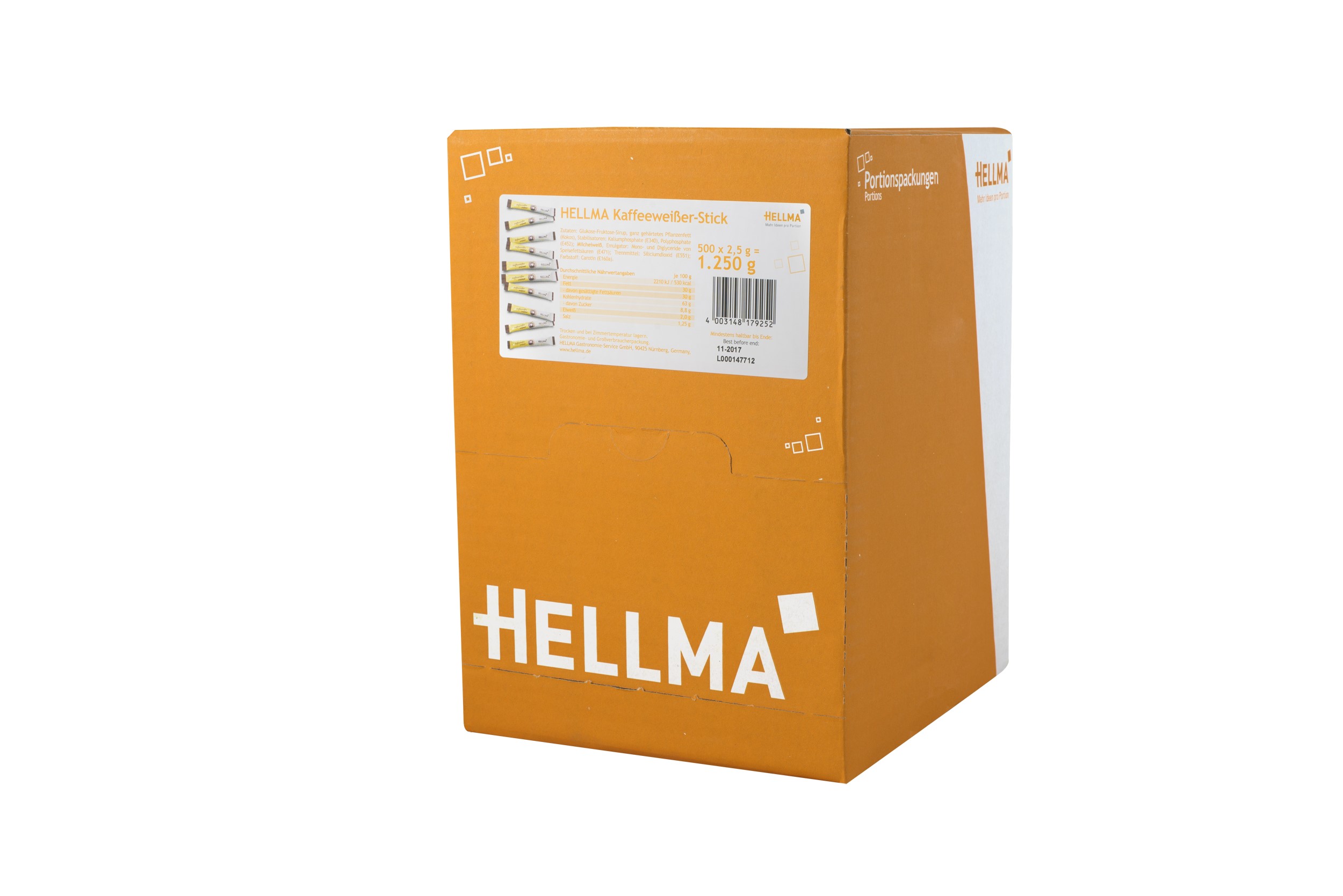 Hellma Kaffeeweißer-Sticks, Inhalt: 500 Stück à 2,5 g je Karton. Mindesthaltbarkeit: ca. 24 Wochen.