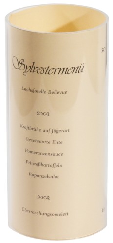 Kartenhalterröhre origineller Aufsteller aus klarem Acryl, innen kann ein DIN A4 Blatt - bedruckt im Querformat - lose eingelegt werden,