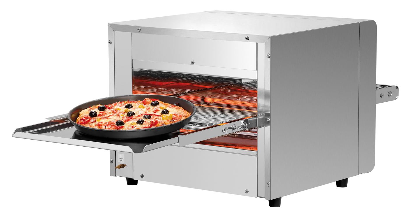 Bartscher Durchlaufpizzaofen 3600TB10 |Ausführung Transportband: Gitter | Maße: 47,2 x104,5 x 40,0 cm. Gewicht: 21,9 kg