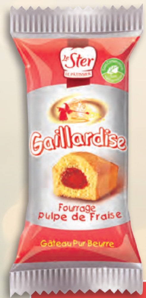 Französischer Mini-Butterkuchen Erdbeere "LeSter", 130 Stück, jedes Miniküchlein hygienisch einzeln verpackt, je 30g. Mit süßer Erdbeerfüllung.