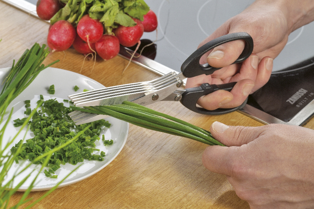 Kräuterschere PETER mit 5-fach Klinge, Klingen aus Spezialstahl, schwarzer Kunststoff-Griff, auf Hängekarte