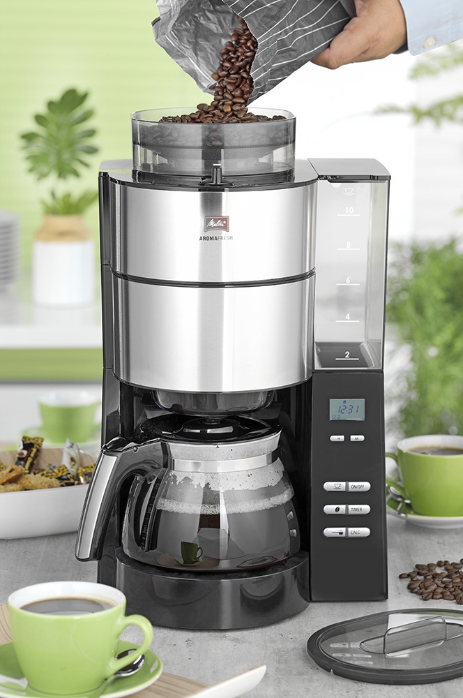 Kaffeemaschine AromaFresh für Kaffeebohnen ODER Filterkaffee von Melitta. Integriertes Mahlwerk nach Belieben zu- oder abschaltbar.