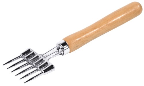 Eiszerkleinerer hochglanzverzinnt, mit hellem lackiertem Holzgriff, mit sechs Zinken Länge: 23,5 cm, Breite: 6,3 cm