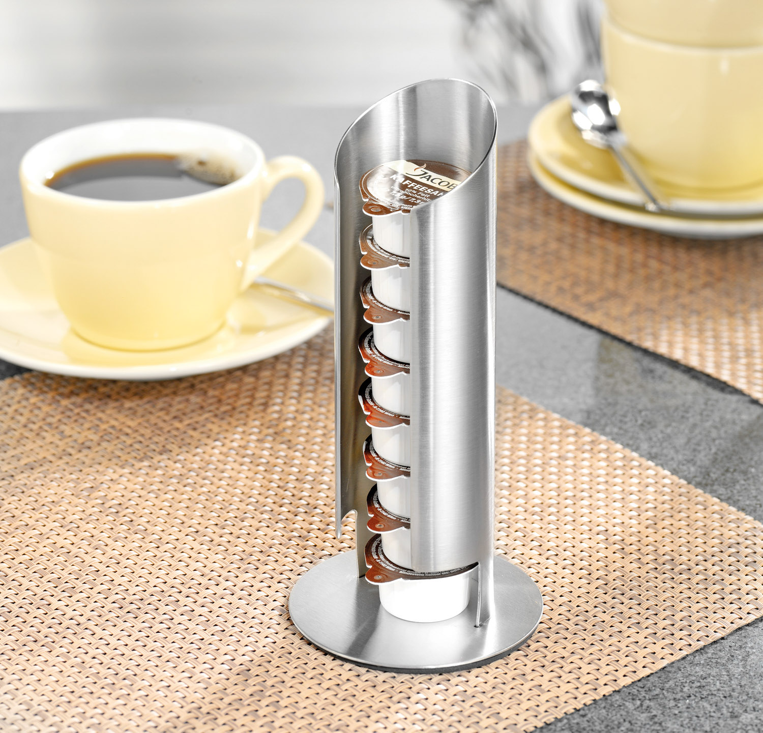 Milchkapselspender MEMPHIS, Material: Edelstahl 18/10, gebürstet, Höhe: 175 mm, Durchmesser: 80 mm.