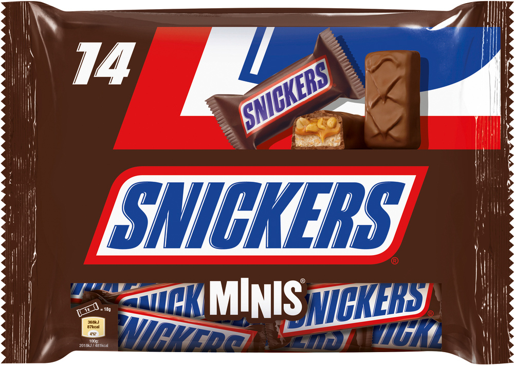 Snickers Mini Schokoladen-Riegel mit Erndnuss Inhalt: 275g, 14 Stück je Beutel.