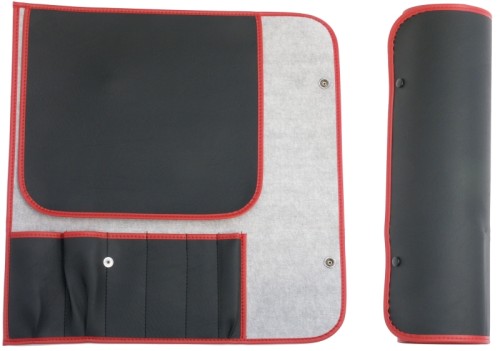 Messerrolltasche ohne Messer für 6 Teile aus schwarzem Kunstleder auf Gewebebasis mit rotem Rand und zwei Druckknöpfen, für Messer bis