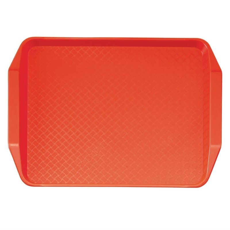 Cambro Polypropylen Fastfood Serviertablett mit Griffen rot 43x30cm. Strapazierfähig, mit texturierter, rutschfester Oberfläche.