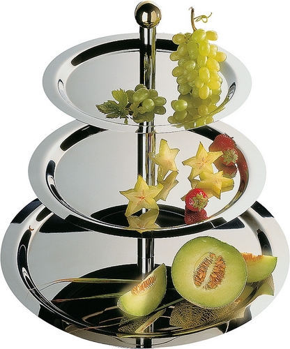 Etagère, 3-stufig -FINESSE- Ø 48/38/32 cm, H: 50 cm 18/0 Edelstahl Rohre hochglanzverchromt vergoldeter Messing-Kugelgriff